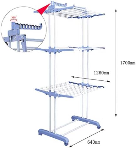 QuanShiChuangYi Clothes Airer, Foldable 3 Tier Clothes Airers Indoor Strong & Sturdy, Laundry Drying Clothes Rack on Wheel for Drying Hanging, Blue