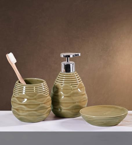 Image of Obsessions Modern Ceramic 3-Piece Bath Set - Elegant Bathroom Accessories Collection for Stylish Home Decor, D Beige