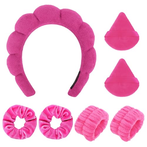 Araluky 7Pcs Puffy Spa Set: Terry Cloth Headband, Wristbands, Scrunchies, Powder Puffs, and Sponges for Skincare, Face Washing, and Makeup Removal - Rose