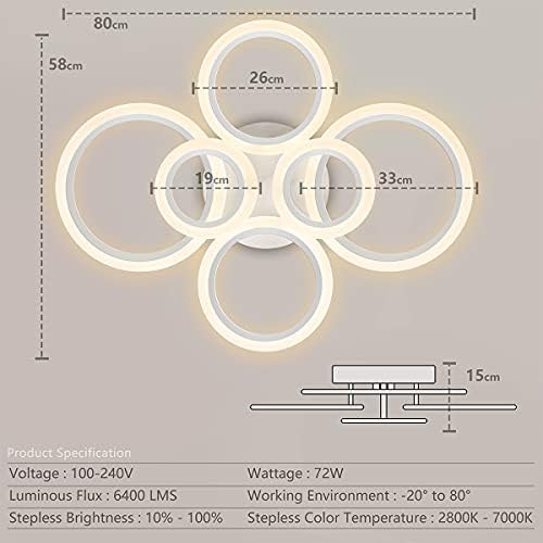 RUYI Modern LED Ceiling Light dimmable Remote Control 6 Ring Ceiling Light 72W 6400LM, Ceiling Light for Living Room, Bedroom, Kitchen, Corridor, Balcony, Dining Room, White, 2800-7000K