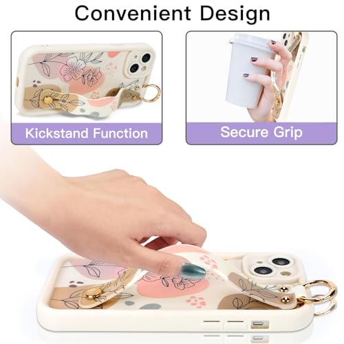 Jefonha Compatible with iPhone 13 Case with Finger Hand Strap for Girls Women, Cute Flowers Floral Phone Case with Wristband Kickstand, Durable Silicone Protective Cover, Beige by Jefonha - Used condition - Image 4