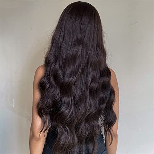 Perruque femme synthétique longue noir et brun ondulée avec frange 32 pouces - 8