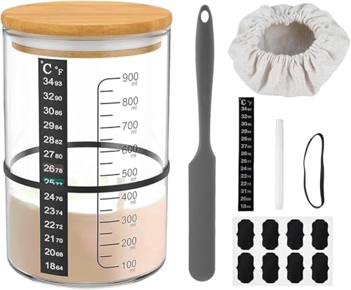 Katomi Sauerteig Starter Set 900ml, Sauerteig Glas Mit Holzdeckel Silikonspatel Thermometerpapier Gärtuch, Sourdough Starter Kit Reusable Sauerteig Zubehör Zur Hefegärung Verwendet (900ML)