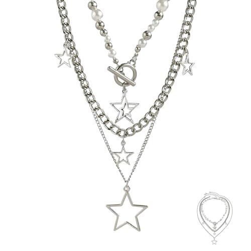 louuuou Star Necklace Silver Layered Necklaces For Women, Chunky Necklaces For Women Y2k Accessories Stacking Fashion Accessories Aesthetic Designs, Perfect For Punk Fashion Outfits, Daily Styling