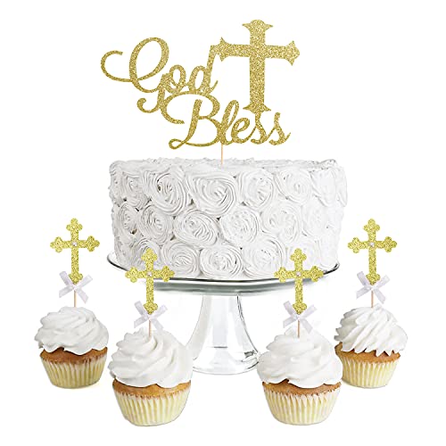 Baptism Cupcake Toppers - Baptism Decorations, Set Of 12 Gold Glitter Cross Cupcake Toppers With White Bow, God Bless Cake Decorations, First Holy Communion Decorations, Baby Shower Decorations #TOP3