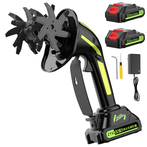 Yellow handheld cordless cultivator with four steel blades and 21V battery — the cheapest pick here with two batteries included
