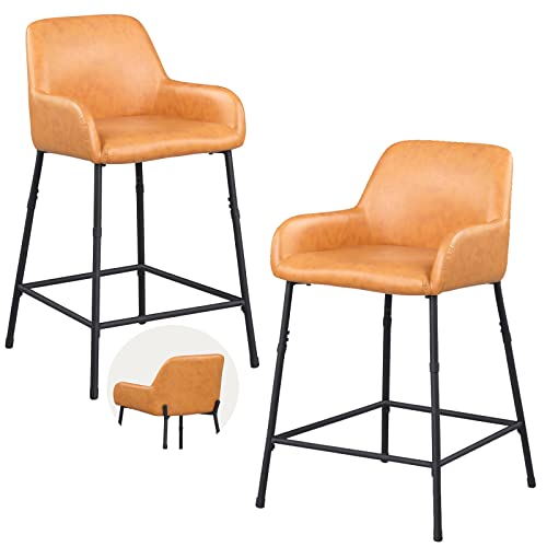 Katdans Counter Height Stools-24 Inch Bar Chair Pu Leather, Bar Stools Set Of 2 With Back And Arms-Kitchen Stools For Kitchen, Living Room, Pub, Bistro, Light Brown, Ks210303Br #TOP29