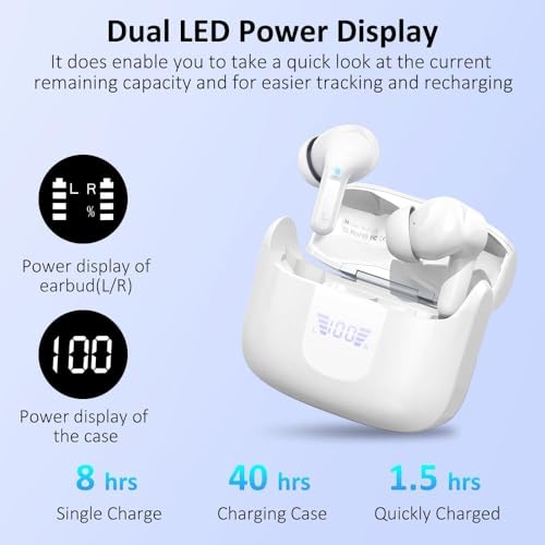 Image of Wireless Earbuds, 2026 Bluetooth 5.4 Headphones NEW Ear Buds 40H Bass Stereo in-Ear Earphones ENC Noise Cancelling Earbuds with 4 HD Mic, USB-C LED Display IP7 Waterproof Sport Headset for Android iOS