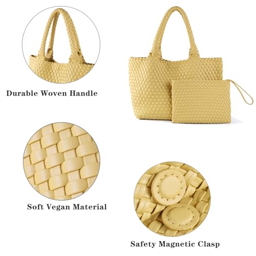 Image of Woven Tote Bag for Women Vegan Leather Handwoven Bags with Small Purse (Yellow)