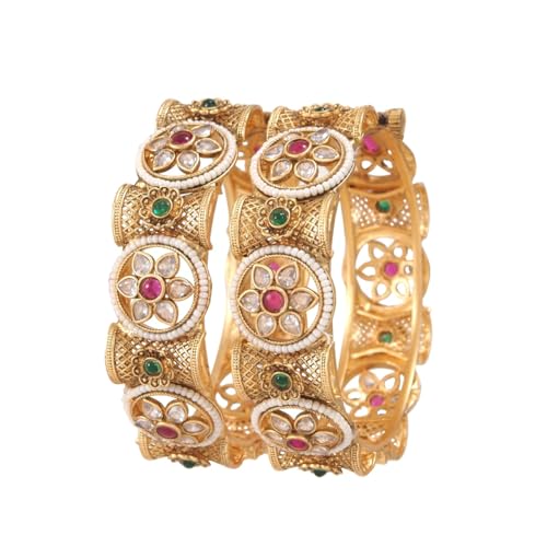 Image of Women's Traditional Bangles | Antique Gold-Plated with Kundan & Pearl Accents | Indian Ethnic Jewelry