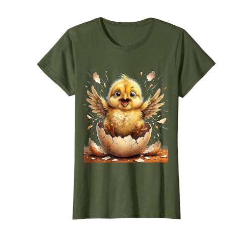 Fluffy Baby Chick Hatching From Cracked Egg T-Shirt, Women, Olive Green, X-Small
