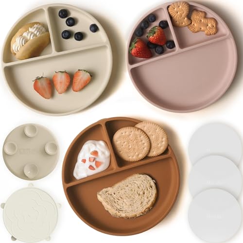 Moonkie Suction Plates for Baby | 100% Silicone BPA-Free Baby Plates with Lids and Food Cover | Divided Design | Microwave and Dishwasher Safe | Toddler Plates 3 Pack by Moonkie - Used condition - US$15.54