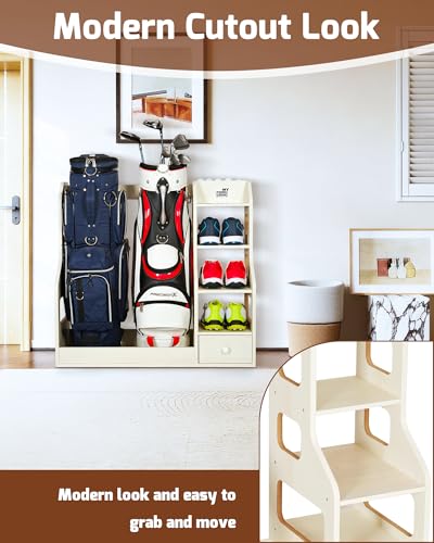 Image of Mythinglogic Wooden Golf Bag Storage Rack for 2 Bags with Drawer