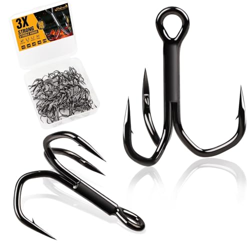 Dovesun Fishing Treble Hooks 3X Strong Professional V Triple Fishing Hooks for Saltwater Freshwater 50PCS Black Nickel Size #2