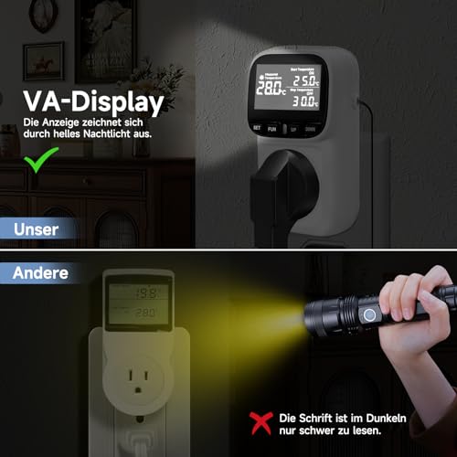 Temperatursteuerung Steckdose 16A/3680W -40°C~120°C | Digitales Thermostat | 5M + 2M Kabel Sensoren | Heizen/Kühlen | Zyklustimer/Countdown- Weiß