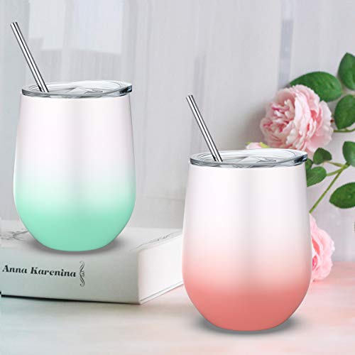 12 Oz Stainless Steel Stemless Wine Glass Tumbler, Fungun Double Wall Vacuum Insulated Wine Tumbler Mug with Lids for Coffee, Wine, Cocktails, Including 6 Straws（white and pink） - Thumbnail 3