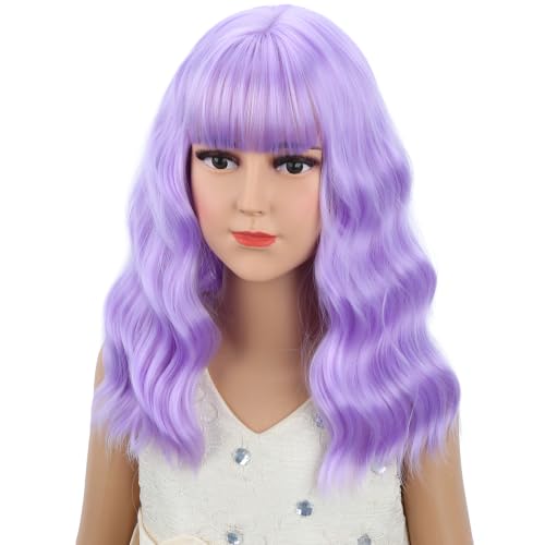 Image of Girls Lavender Purple Wig Child Short Light Purple Wavy Curly Wig Kids Wigs with Air Bangs Heat Resistant Synthetic Wigs with Cap