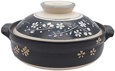 Hinomaru Collection Japanese Sakura Cherry Blossom Design Donabe Ceramic Hot Pot Casserole Banko Earthenware Clay Pot for Shabu Shabu Made In Japan (30 fl oz (7.5"D))