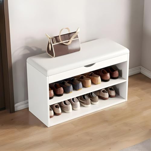 Étagère à chaussures intégrée avec banc en bois et coussin