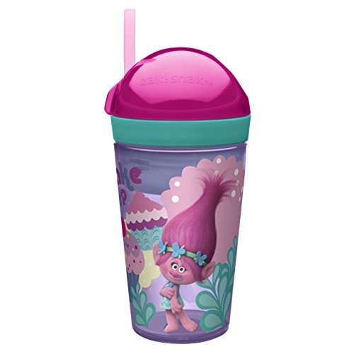 Zak Designs Trolls ZakSnak All-In-One Drink Tumbler + Snack Container For Toddlers – Spill-proof 4oz Snack Container Screws Securely Onto 10oz Tumbler With Accessible Straw, Trolls Movie