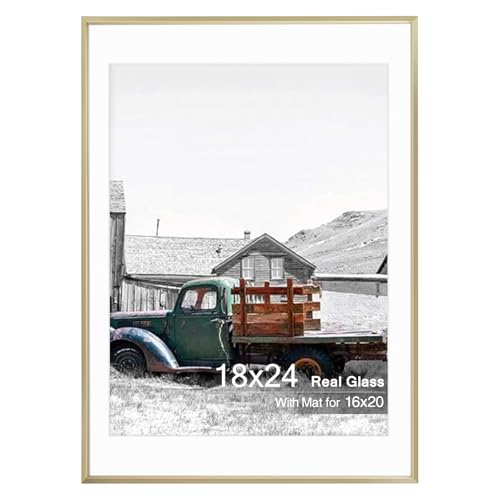 Golden State Art 18x24 Gold Aluminum Frame, Real Glass, Mat Fits 16x20