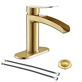 Single Handle Waterfall Faucet for Bathroom Sink in Brushed Gold Finish, with 4-Inch Deck Plate,Metal Pop Up Drain Assembly and CUPC Water Supply Lines by Phiestina,NS-SF01-BG