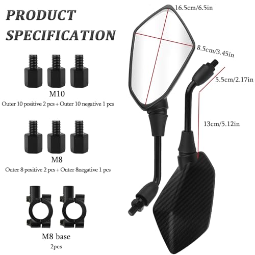 2PCS Motorcycle Mirrors 360°Adjustable Carbon Fiber Motorcycle Mirrors for Handlebars with Base 8MM & 10MM Bolt HD Side Motorcycles Rear View Mirror Fits Scooter,Dirt Bike,ATV