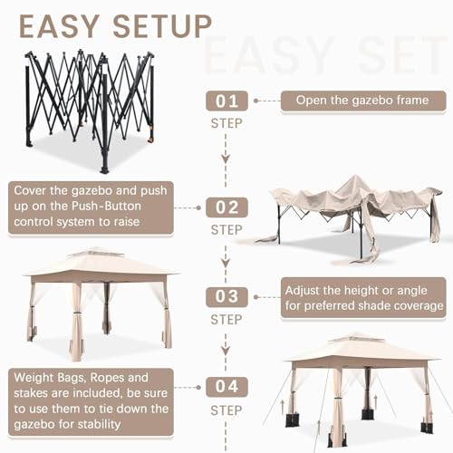 yoyomax Pop Up Gazebo 13x13 - Portable Canopy Tent with Netting for Garden,Camping and Patio, Outdoor Canopy with Double Roof Tops and 169 Square Feet of Shade,Quick Setup,Khaki