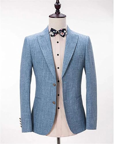 Mens Light Blue Linen 3 Piece Suit Slim Fit Formal Striped Breathable Wedding Prom Set3