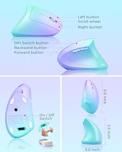 Lekvey Ergonomic Mouse, Rechargeable Vertical Wireless Mouse, Green Purple - 5