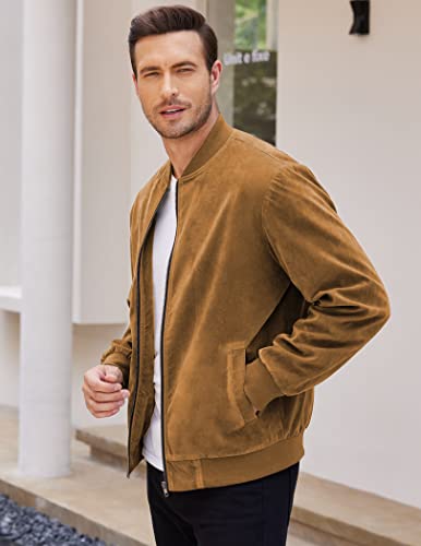 Coofandy Mens Coat Casual Bomber Vintage Zip-Up Faux Suede Varsity Jacket, Light Brown, Small #TOP3