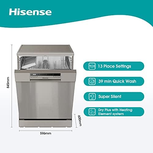 Hisense HS60240XUK Freestanding Standard Dishwasher 85cm High- Stainless Steel - E Rated, Silver, 24 x 23 x 33 inches (L x W x H)