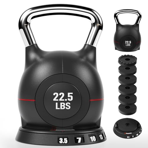 LIFERUN Adjustable Kettlebell Weight Set - 7 Weights from 3.5 to22.5 lbs, Quick-Change Handle for Home Gym, Space-Saving Design for Strength Training, Black