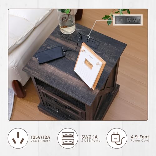 Image of ALBAD Farmhouse Nightstands with Charging Station,Walnut Brown Tabletop | End Tables with 2 Drawers, Cube Storage Organizer, USB Ports, Metal Handles, for Rustic Bedroom Bedside, Living Room, Dorm