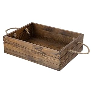 MyGift 15 Inch Large Rustic Brown Solid Wood Decorative Storage Box with Rope Carrying Handles Country Style Wooden Crate Farmhouse Pallet Design Open Top Bin