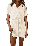 LYANER Women's Collar V Neck Button Down Pleated Short Sleeve Mini Shirt Dress with Belt Beige Large