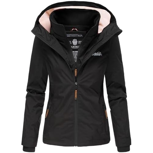 MARIKOO Designer Damen Übergangs Jacke leicht gefüttert Kapuze kurz B659 [B659-Erdbeer-Schwarz-Gr.XXL]