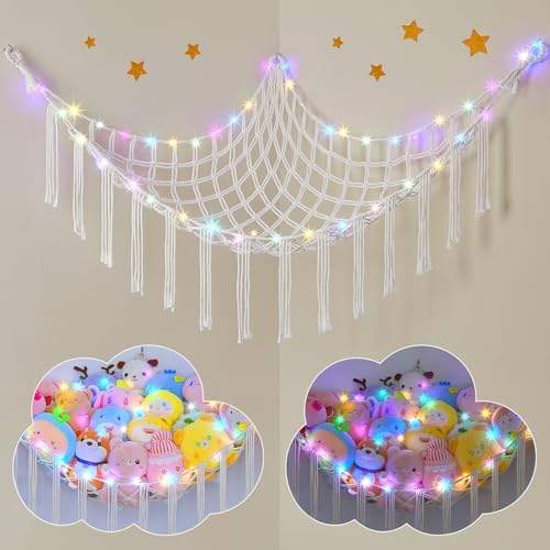 Unicorn Castle Stuffed Animal Net Hammock Toy Storage Organizer, Stuffed Animal Storage Toy Holder Boho Wall Hanging Décor for Nursery Kids Play Room Bedroom, White