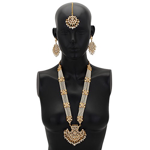 Jwellmart Women's Diva Collection White Kundan Stone Faux Pearl Rani Haar Necklace Earrings Set2