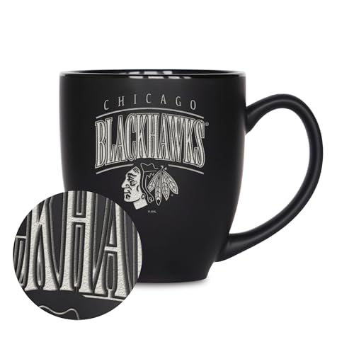 Rico Industries NHL Hockey Chicago Blackhawks Tribute 15oz Laser Engraved Matte Black Ceramic Bistro Mug - For Hot or Cold Drinks