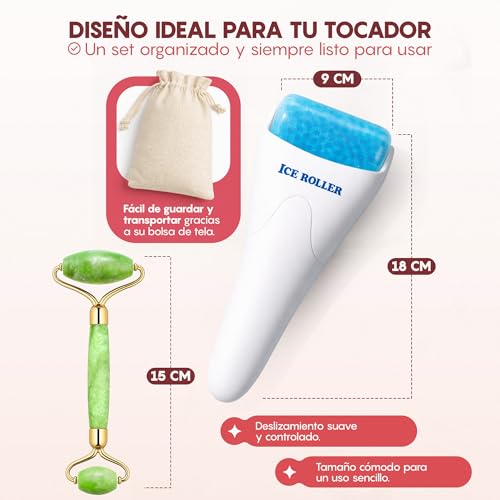 Rodillo de Hielo Facial (Ice Roller) y Rodillo de Jade verde. Cuidado Natural de Cara y Ojos, Reduce Hinchazon, Activa la Circulacion, Cierra Poros, relaja y Tonifica, Drenaje Linfatico. - imagen 3
