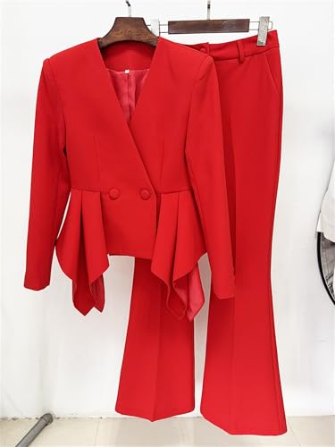 Women's 2 Piece Pant Blazer Sets V Neck Long Sleeves Patchwork Buttons Irregular Coat Pants Sets Female Suit Outfits2