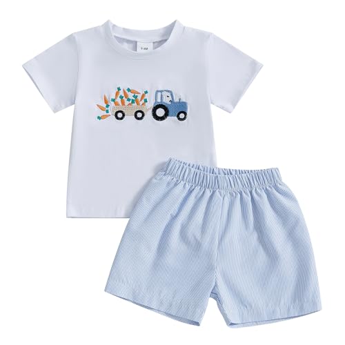 Image of Toddler Baby Boy Easter Rabbit Outfit Short Sleeve Bunny Carrot Smocked T-shirt Elastic Waist Shorts Summer Clothes