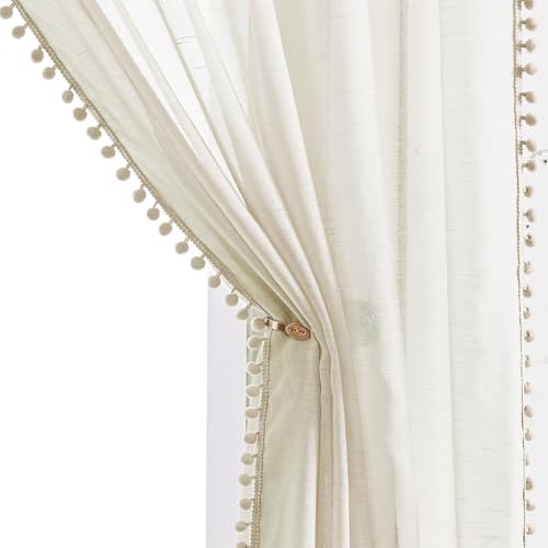 Treatmentex Pom-Pom Linen Sheer Curtains for Living Room Natural Beige Office Outdoor Curtains Bedroom Window Drapes 108 inches Long Rod Pocket, 2 Pack by Treatmentex - Used condition - Image 2