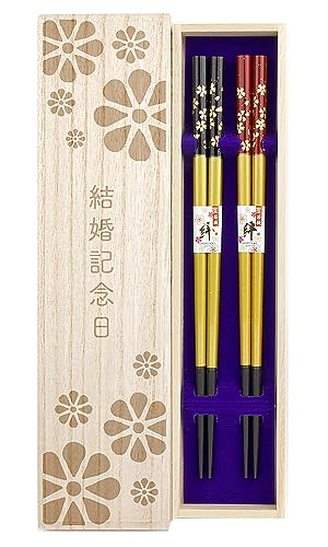夫婦箸 金舞桜 黒 赤 食洗機対応 デザイン桐箱・ラッピング付き 結婚記念日 結婚記念 両親 お父さん お母さん 夫婦 夫 妻 金婚式 銀婚式 木婚式 お祝い プレゼント ギフト ペア セット お揃い【１７９】