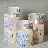 GenSwin Hydrangea Flameless Candles with Remote Timer,LED Battery Operated Candles with Flickering Flame, Glass and Real Wax Pillar Candle Spring Holiday Wedding Decor(Set of 3, D3”x4”5”6”)