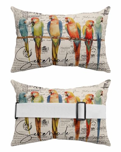Parrots Beige Outdoor Beach Pool Chaise Lounge Chair Head Throw Pillow Covers 12x20 With Insert And Elastic Stripe Set of 2,Lumbar Cushion Pillow Cases,Vintage Colorful Tropical Animal Bird Newspaper