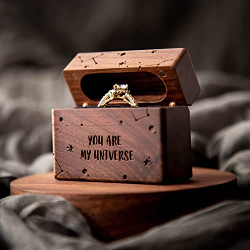 Muujee You Are My Universe Slim Engagement Ring Box - Engraved Wooden Ring Box For Wedding Ceremony Engagement Proposal Ring Bearer Box - Anniversary Birthday Gift Ideas #TOP4