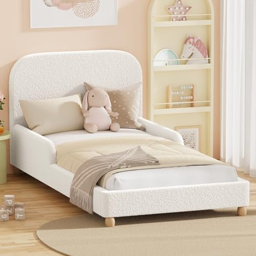 Oikiutre Kids Single Bed Frame with Guard Rail Boucle Bed White