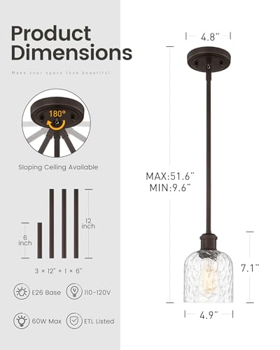 Image of zeyu Bronze Adjustable Pendant Lighting, 2 Pack Hanging Kitchen Lights, 1-Light Farmhouse Glass Pendant Light with Clear Hammered Glass, Oil Rubbed Bronze Finish, ZJF63MIL-2PK ORB